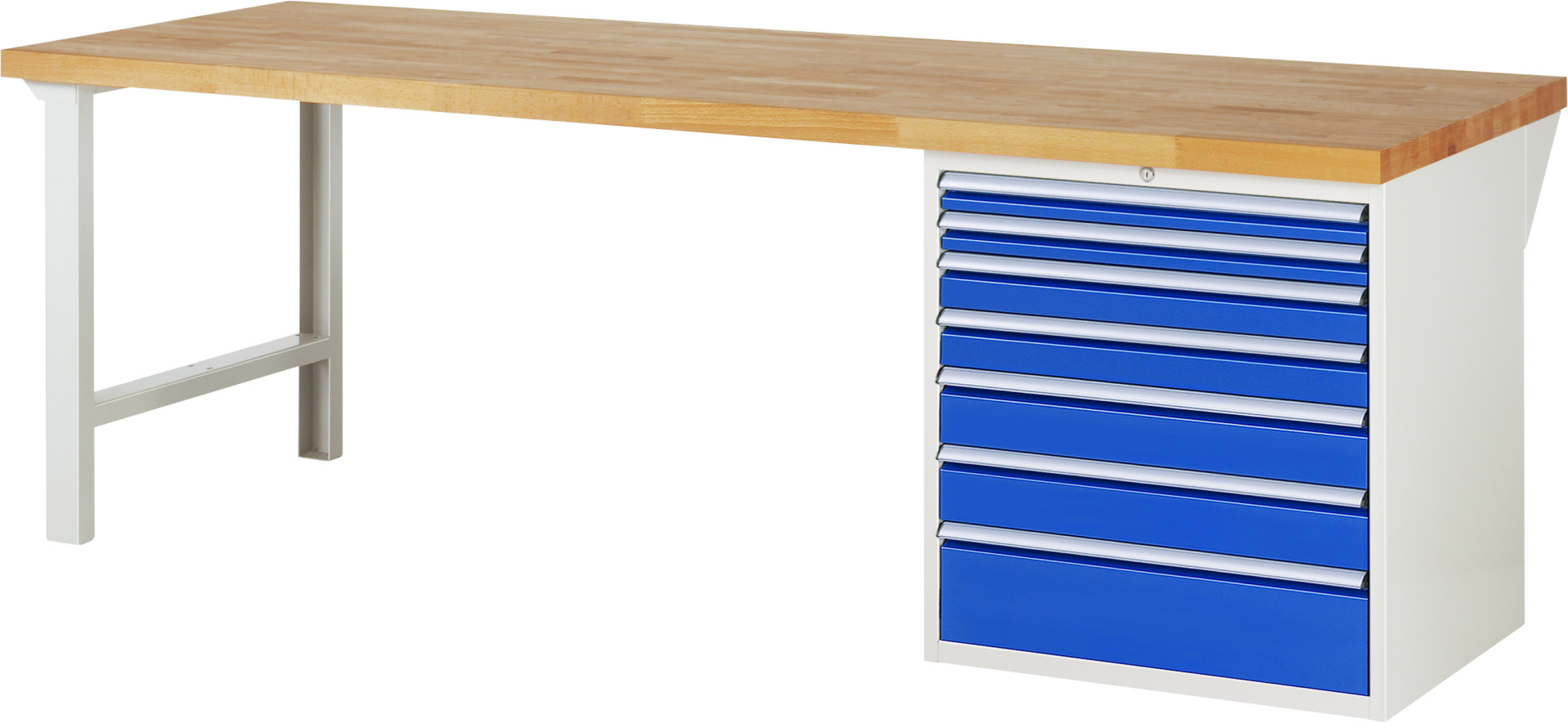 Werkbank Modell 7617 rot - schwarz, BxTxH 2500x900x890 mm,  Buche-Massiv Arbeitsplatte 40 mm,  7 Schubladen mit  Vollauszug 100 % und  SoftClosing