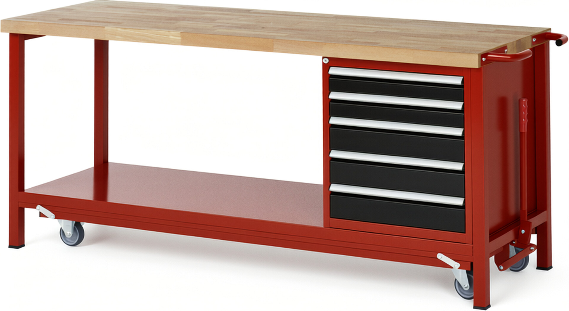 Absenkbare Werkbank Modell 8171 rot - schwarz, BxTxH 2000x700x880 mm,  Buche-Massiv Arbeitsplatte 40 mm,  5 Schubladen mit  Auszug 90 %
