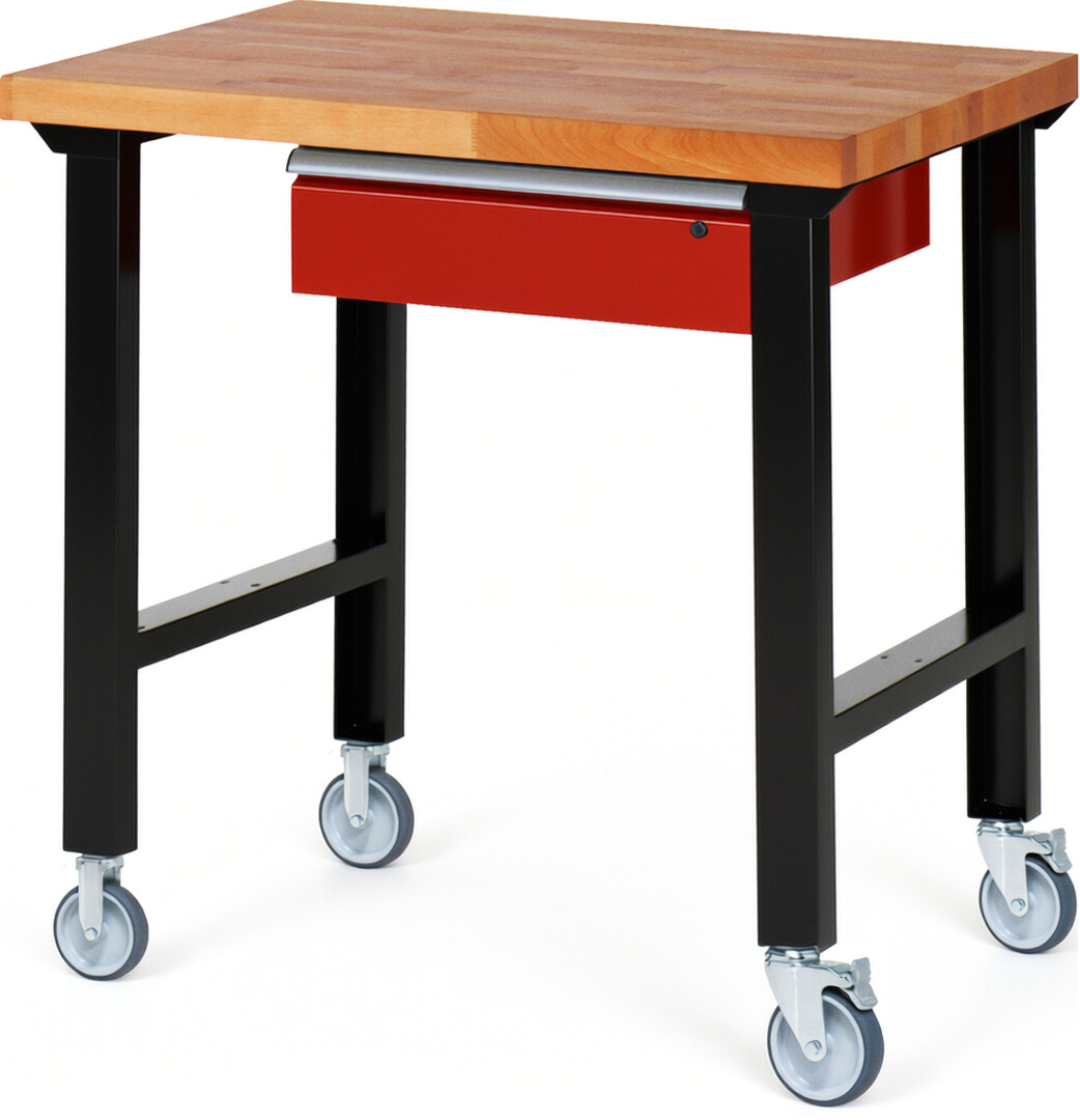 Fahrbare Werkbank Modell 7001 schwarz-rot, BxTxH 1000x700x1000 mm,  Buche-Massiv Arbeitsplatte 40 mm,  1 Schublade mit  Auszug 90 %