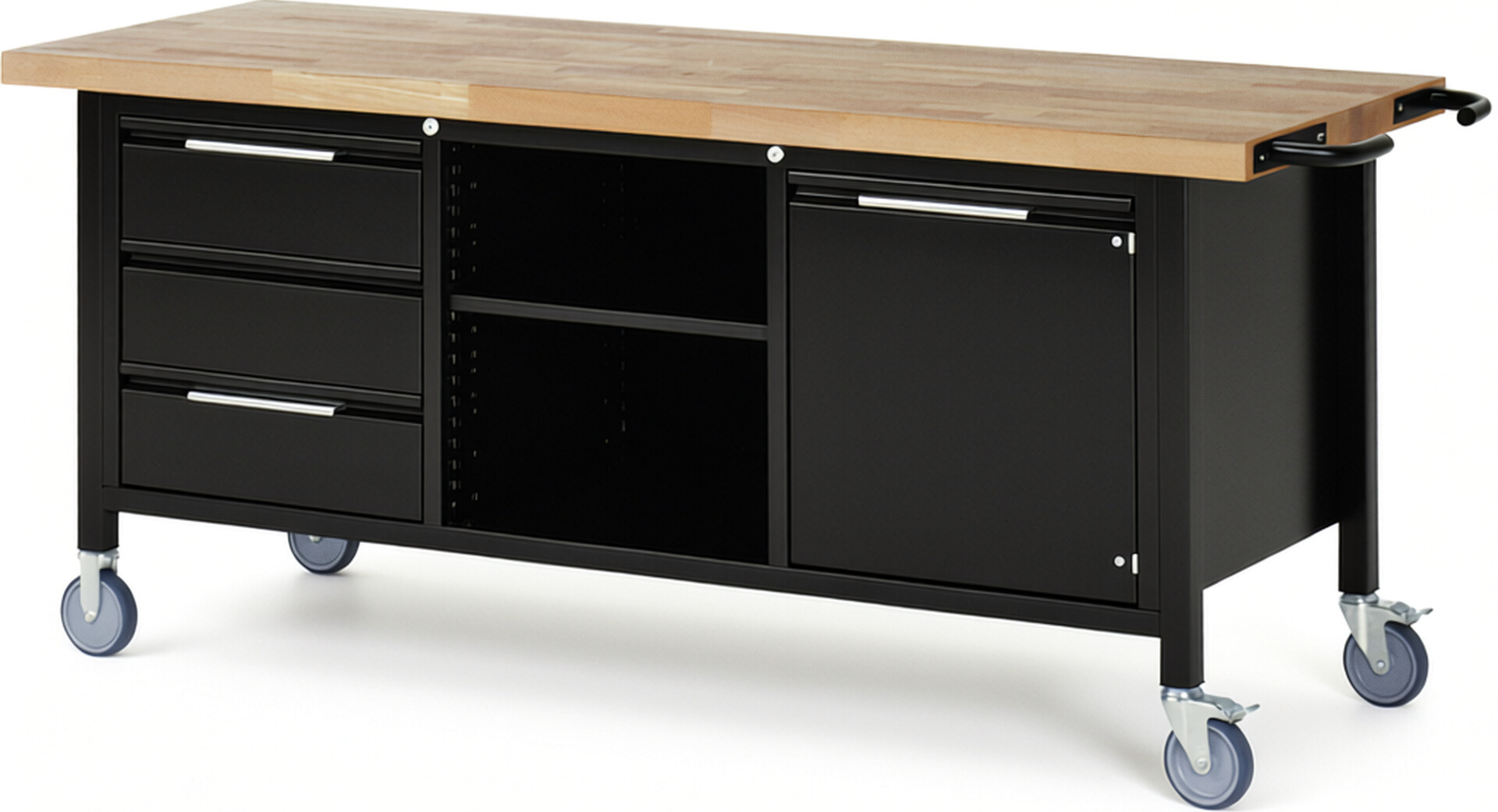 Fahrbare Werkbank - Modell 8563 BASIC schwarz, BxTxH 2000x700x880 mm,  Buche-Massiv Arbeitsplatte 40 mm,  3 Schubladen mit  Auszug 90 %