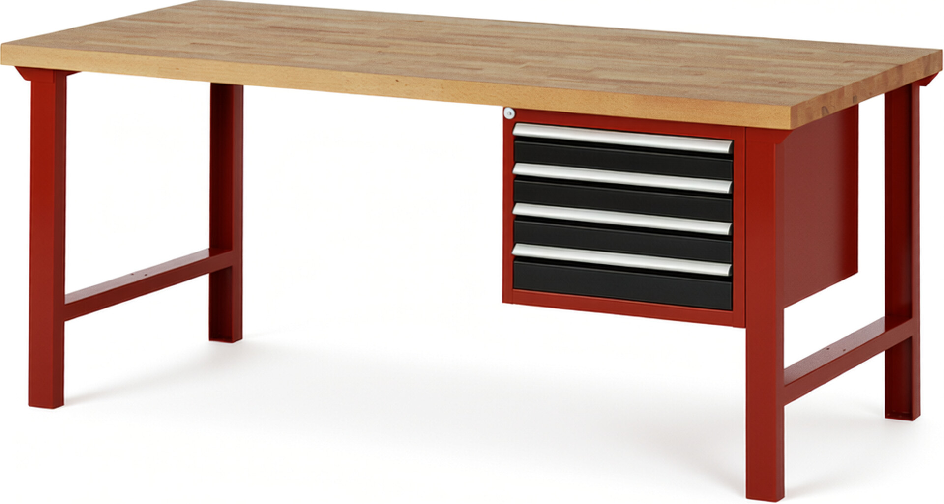 Werkbank Modell 7133 rot - schwarz, BxTxH 2000x900x840 mm,  Buche-Massiv Arbeitsplatte 40 mm,  4 Schubladen mit  Auszug 90 %