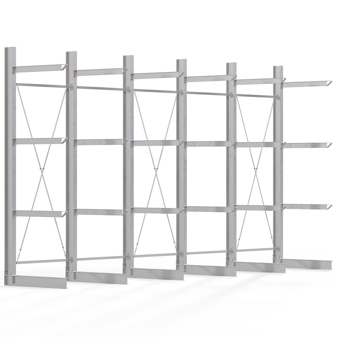 Kragarmregal KARL heavy - feuerverzinkt - Breite: 750 cm - Höhe: 400 cm - Tiefe: 120 cm - Traglast je Kragarm: 800 kg - einseitig