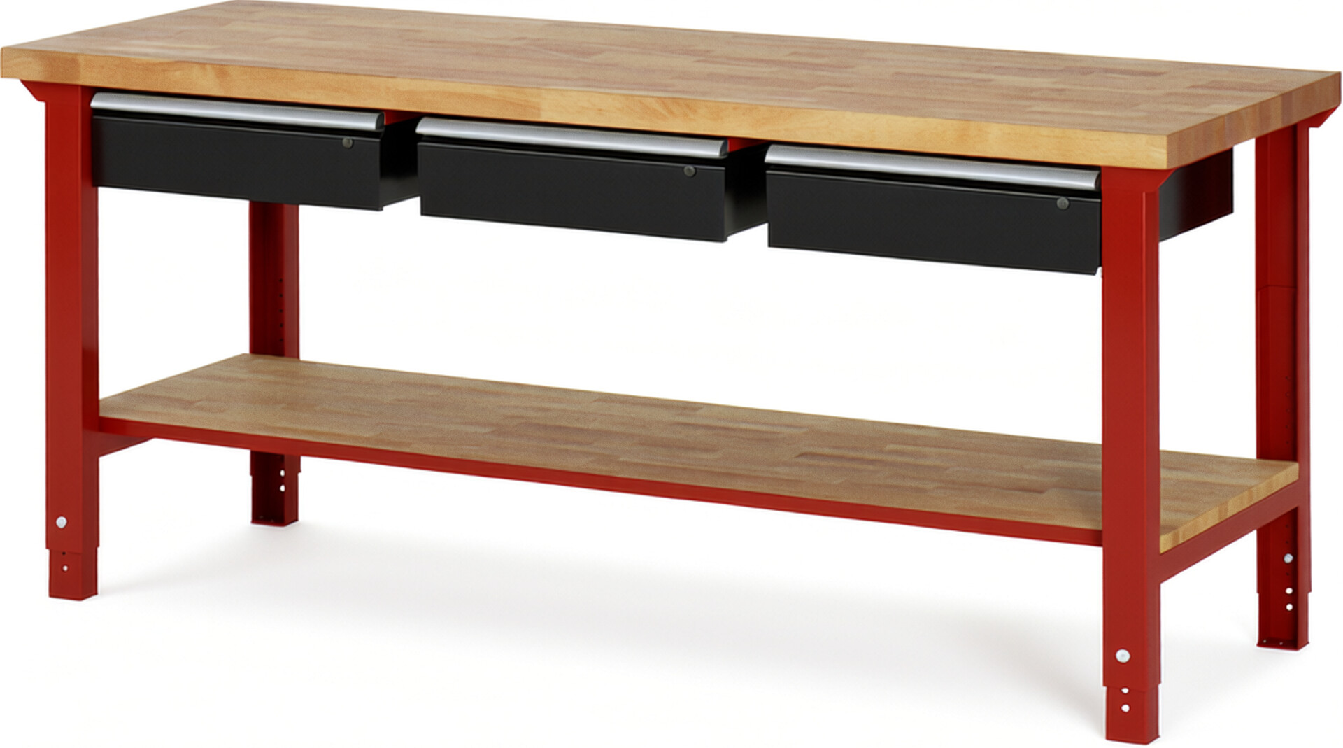 Werkbank Modell 7003 rot - schwarz, BxTxH 2000x700x790-1140 mm,  Buche-Massiv Arbeitsplatte 40 mm,  3 Schubladen mit  Auszug 90 %