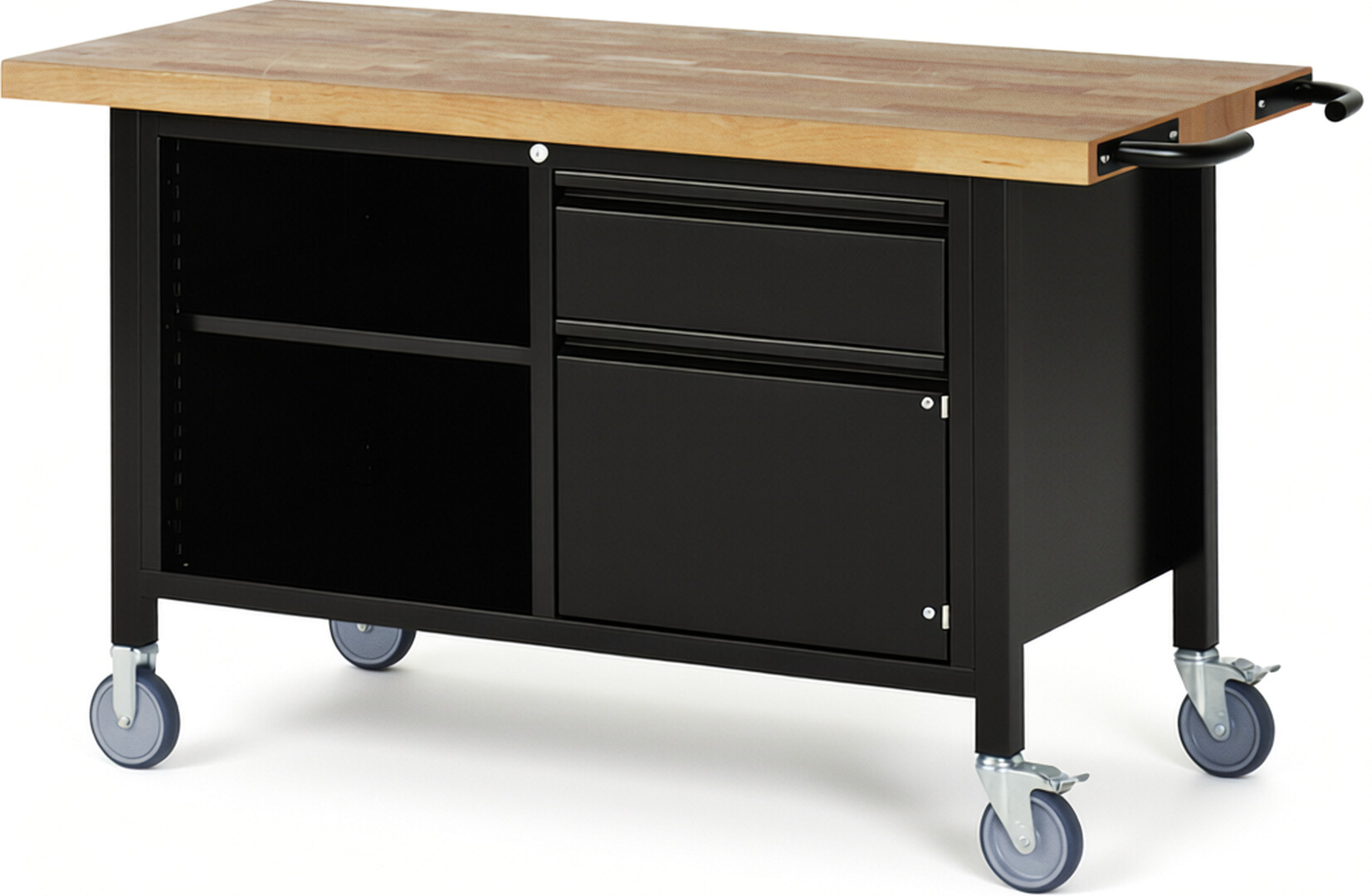 Fahrbare Werkbank - Modell 8461 BASIC schwarz, BxTxH 1500x700x880 mm,  Buche-Massiv Arbeitsplatte 40 mm,  1 Schublade mit  Auszug 90 %
