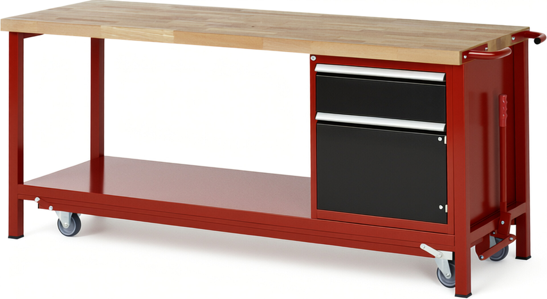 Absenkbare Werkbank Modell 8152 rot - schwarz, BxTxH 2000x700x880 mm,  Buche-Massiv Arbeitsplatte 40 mm,  1 Schublade mit  Vollauszug 100 % und  SoftClosing