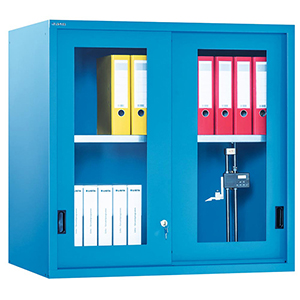 Schiebetürenschrank mit Sichtfenster als Aufsatzschrank, BxTxH 1023x725x1000 mm, 1 Verstellboden, RAL 5012, passend zu Schubladenschrank 54x36 E