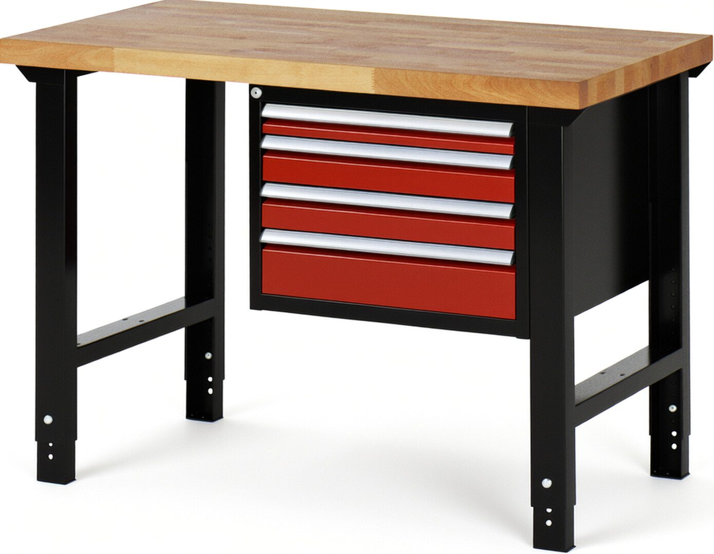 RAU Werkbank schwarz - rot - Breite 125 cm - Tiefe 70 cm - Höhe 114 cm - Buche-Massiv Arbeitsplatte 40 mm