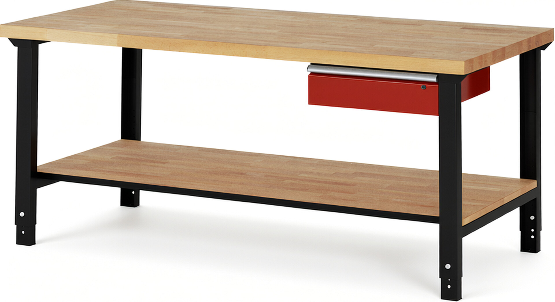 RAU Werkbank schwarz - rot - Breite 200 cm - Tiefe 90 cm - Höhe 114 cm - Buche-Massiv Arbeitsplatte 40 mm