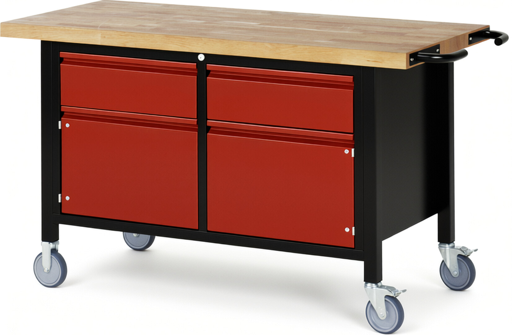 RAU Werkbank schwarz - rot - Breite 150 cm - Tiefe 70 cm - Höhe 88 cm - Buche-Massiv Arbeitsplatte 40 mm