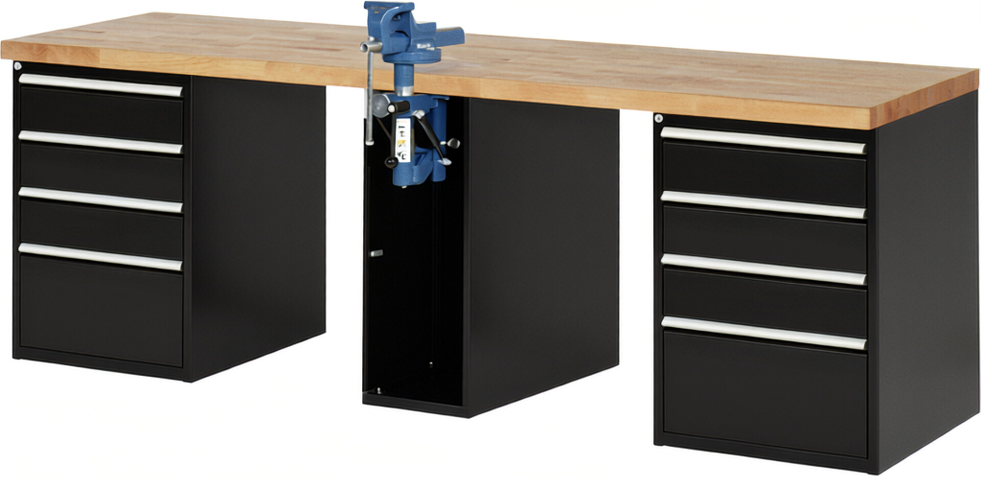 Werkbank Modell 7510 schwarz, BxTxH 2500x700x840 mm,  Buche-Massiv Arbeitsplatte 40 mm,  8 Schubladen mit  Auszug 90 %