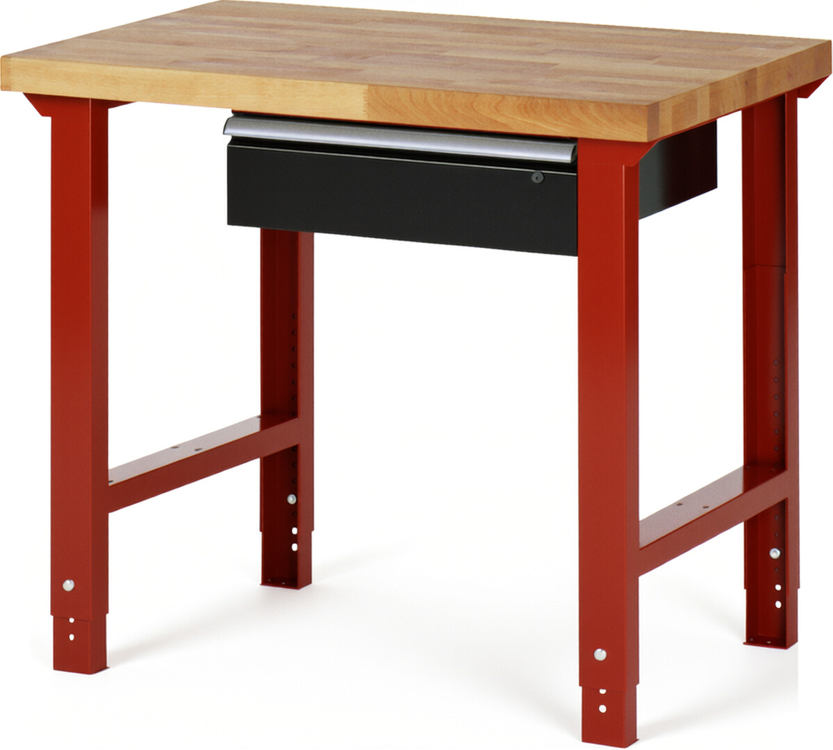 Werkbank Modell 7001 rot - schwarz, BxTxH 1000x700x790-1140 mm,  Buche-Massiv Arbeitsplatte 40 mm,  1 Schublade mit  Auszug 90 %
