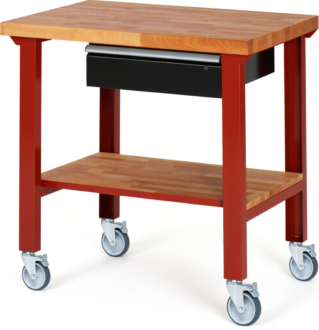 Fahrbare Werkbank Modell 7001 rot - schwarz, BxTxH 1000x700x1000 mm,  Buche-Massiv Arbeitsplatte 40 mm,  1 Schublade mit  Auszug 90 %