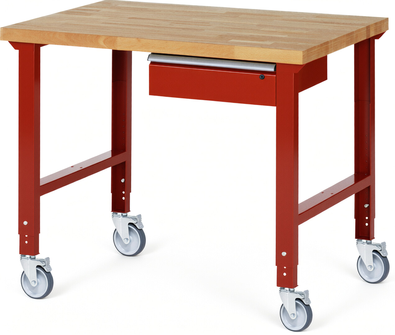 Fahrbare Werkbank Modell 7001 rot, BxTxH 1250x900x950-1000 mm,  Buche-Massiv Arbeitsplatte 40 mm,  1 Schublade mit  Auszug 90 %