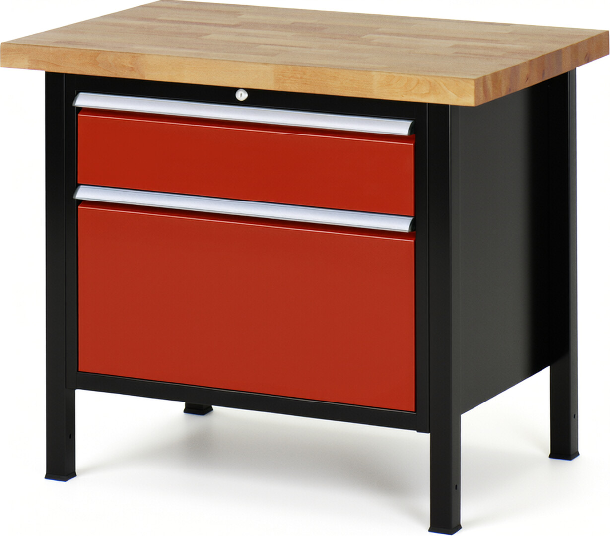 Werkbank Modell 8256 schwarz-rot, BxTxH 1000x700x840-1040 mm,  Buche-Massiv Arbeitsplatte 40 mm,  2 Schubladen mit  Vollauszug 100 % und  SoftClosing
