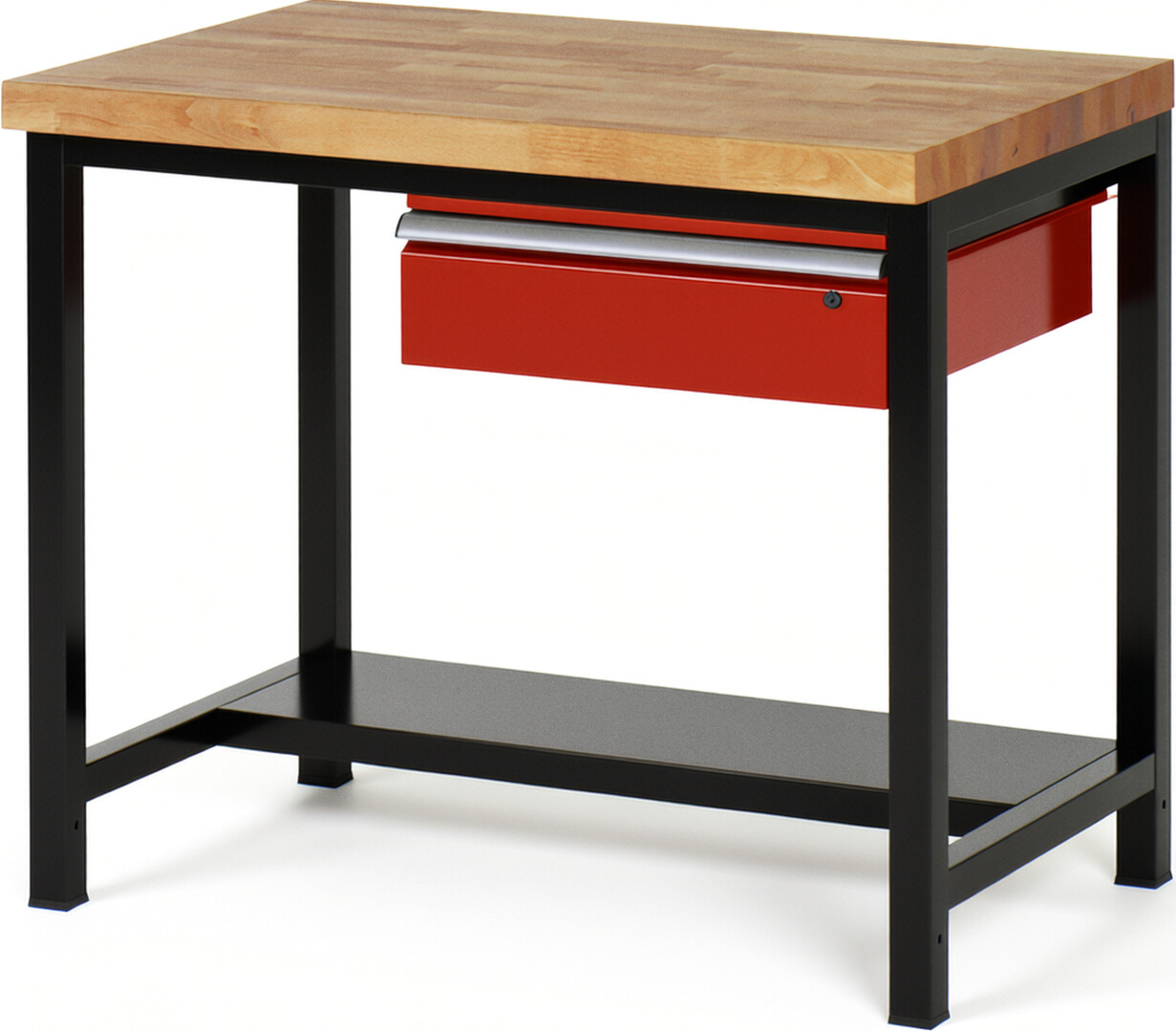 Werkbank Modell 8001 schwarz-rot, BxTxH 1000x900x840-1040 mm,  Buche-Massiv Arbeitsplatte 40 mm,  1 Schublade mit  Auszug 90 %