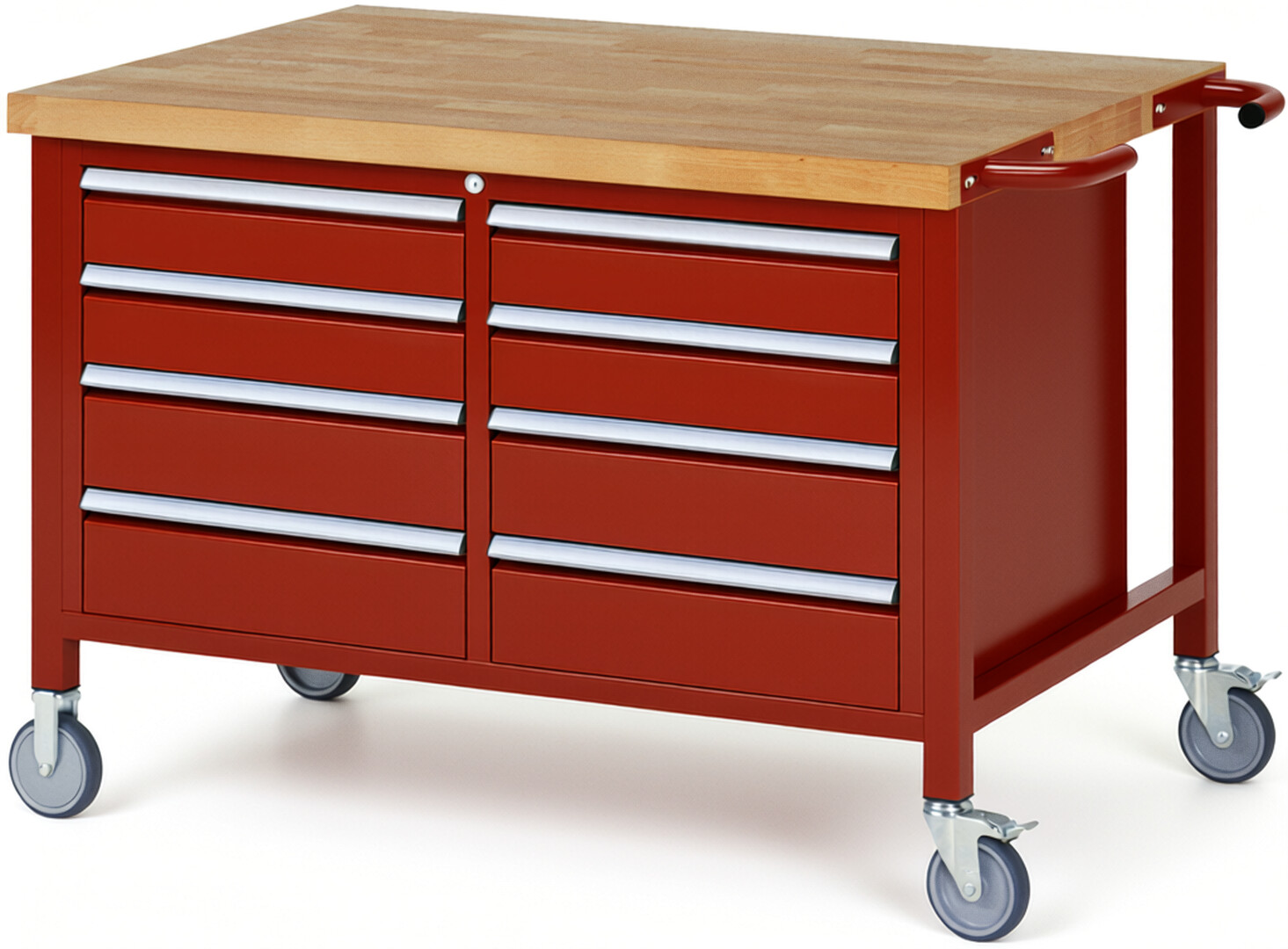 Fahrbare Werkbank Modell 8477 rot, BxTxH 1250x900x880-1080 mm,  Buche-Massiv Arbeitsplatte 40 mm,  8 Schubladen mit  Auszug 90 %
