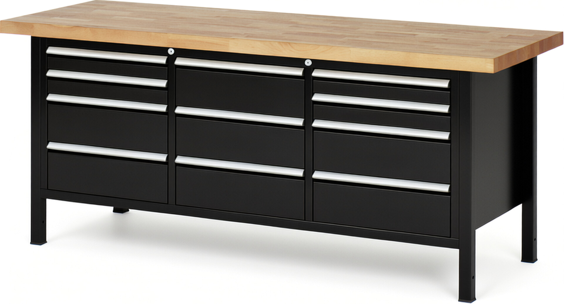 Werkbank Modell 8577 schwarz, BxTxH 2000x700x840-1040 mm,  Buche-Massiv Arbeitsplatte 40 mm,  11 Schubladen mit  Vollauszug 100 % und  SoftClosing