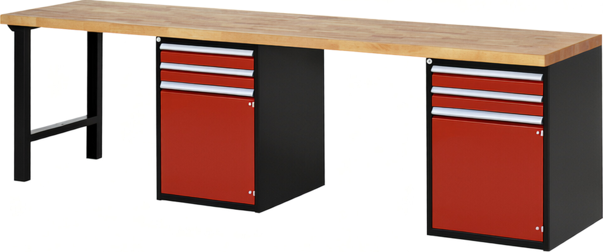 Werkbank Modell 7503 schwarz-rot, BxTxH 3000x700x890 mm,  Buche-Massiv Arbeitsplatte 40 mm,  4 Schubladen mit  Vollauszug 100 % und  SoftClosing