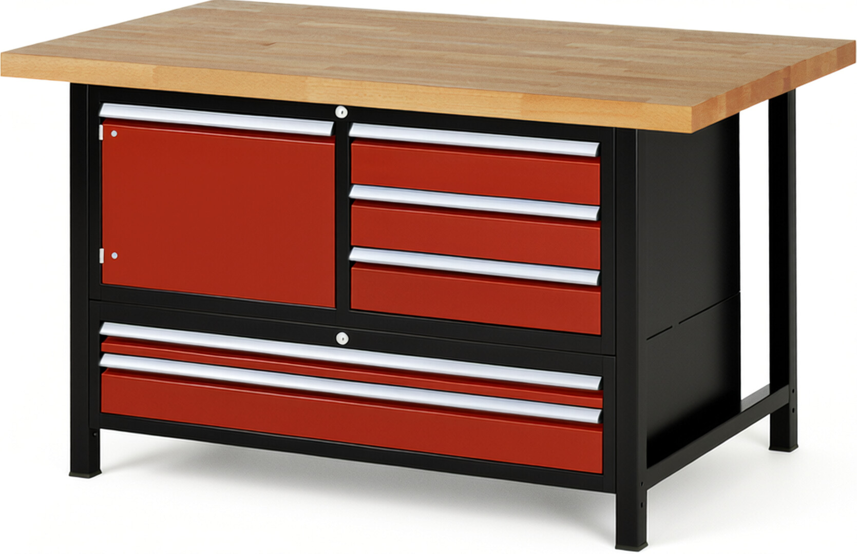 RAU Werkbank schwarz - rot - Breite 150 cm - Tiefe 90 cm - Höhe 104 cm - Buche-Massiv Arbeitsplatte 40 mm