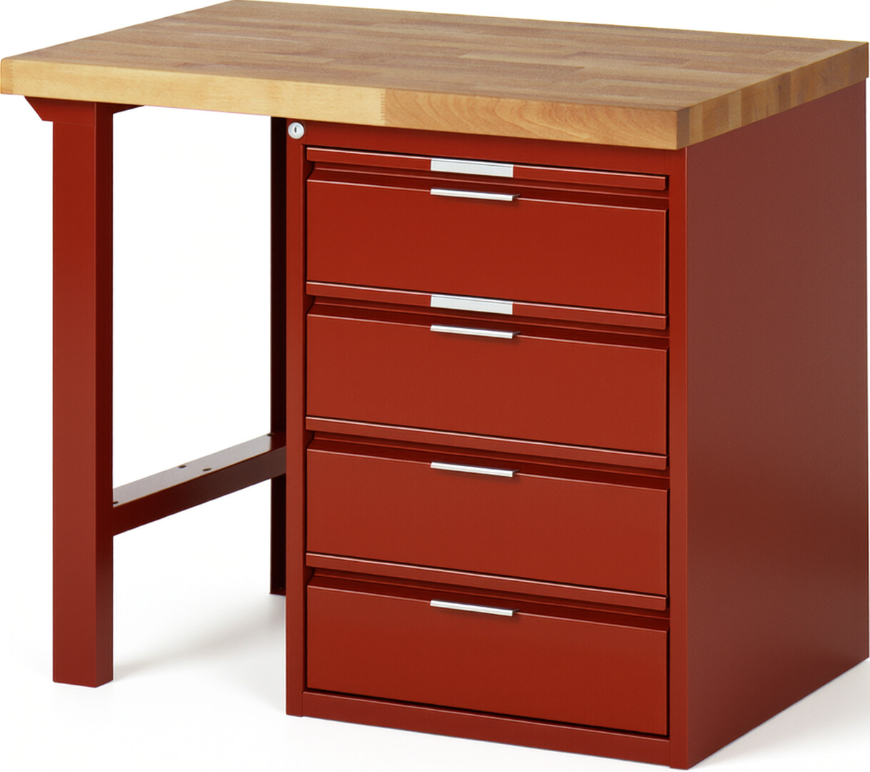 Werkbank rot, BxTxH 1000xT700xH890 mm, Platte Buche 40 mm 40 mm, 4 Schubladen 180 mm, RAL 3000/3000