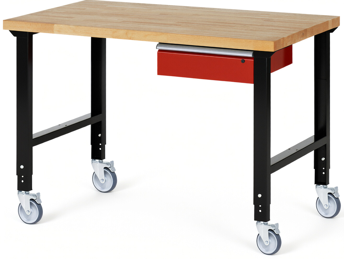 RAU Werkbank schwarz - rot - Breite 150 cm - Tiefe 90 cm - Höhe 100 cm - Buche-Massiv Arbeitsplatte 40 mm