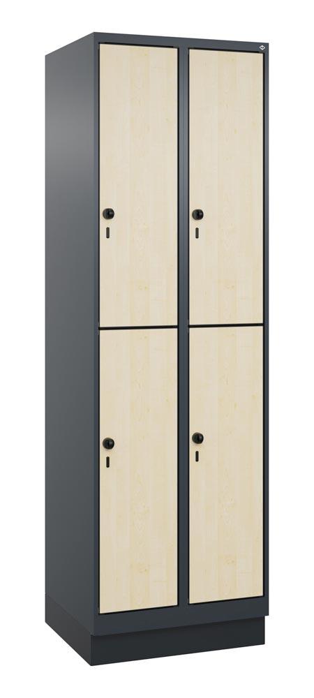 Fächerschrank, doppelstöckig, Sockel, 2x2 Fächer, Abt.B 300 mm, BxTxH 600x500x1950 mm, HPL-Dekorfront, RAL 7016/Dekor Ahorn