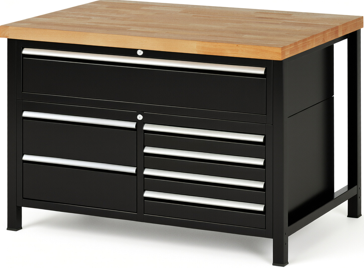 Werkbank Modell 8921 schwarz, BxTxH 1250x900x840 mm,  Buche-Massiv Arbeitsplatte 40 mm,  7 Schubladen mit  Auszug 90 %