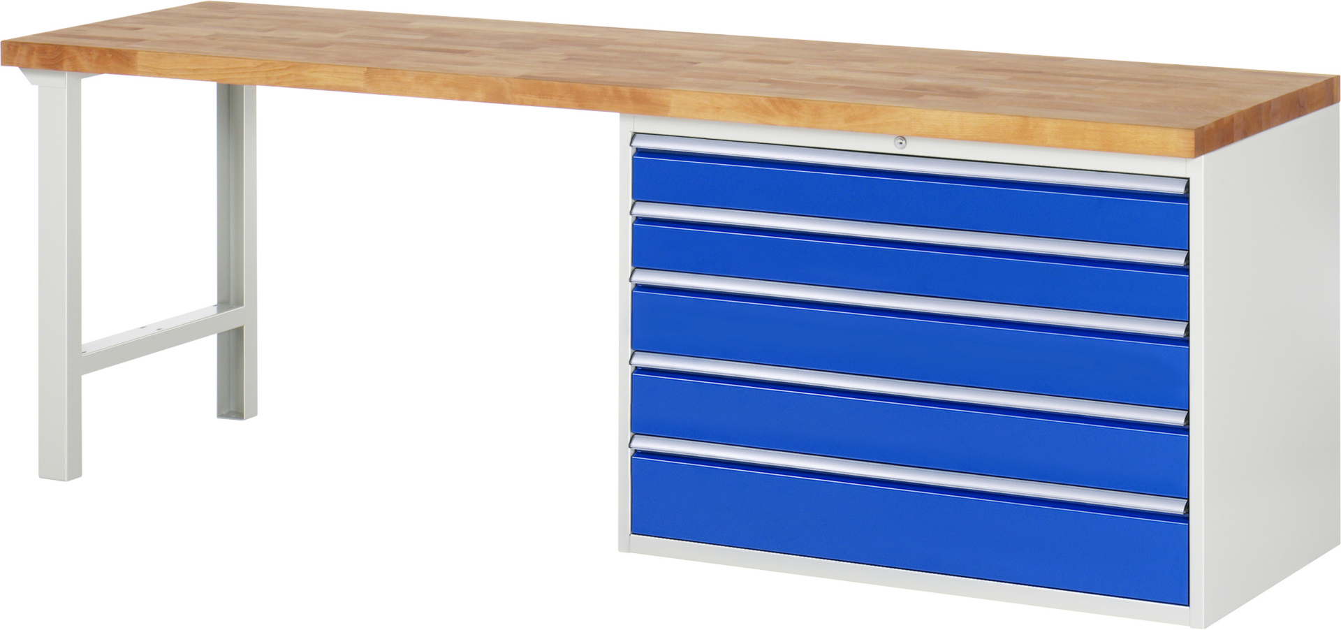 Werkbank Modell 7713 rot - schwarz, BxTxH 2500x700x840 mm,  Buche-Massiv Arbeitsplatte 40 mm,  5 Schubladen mit  Auszug 90 %