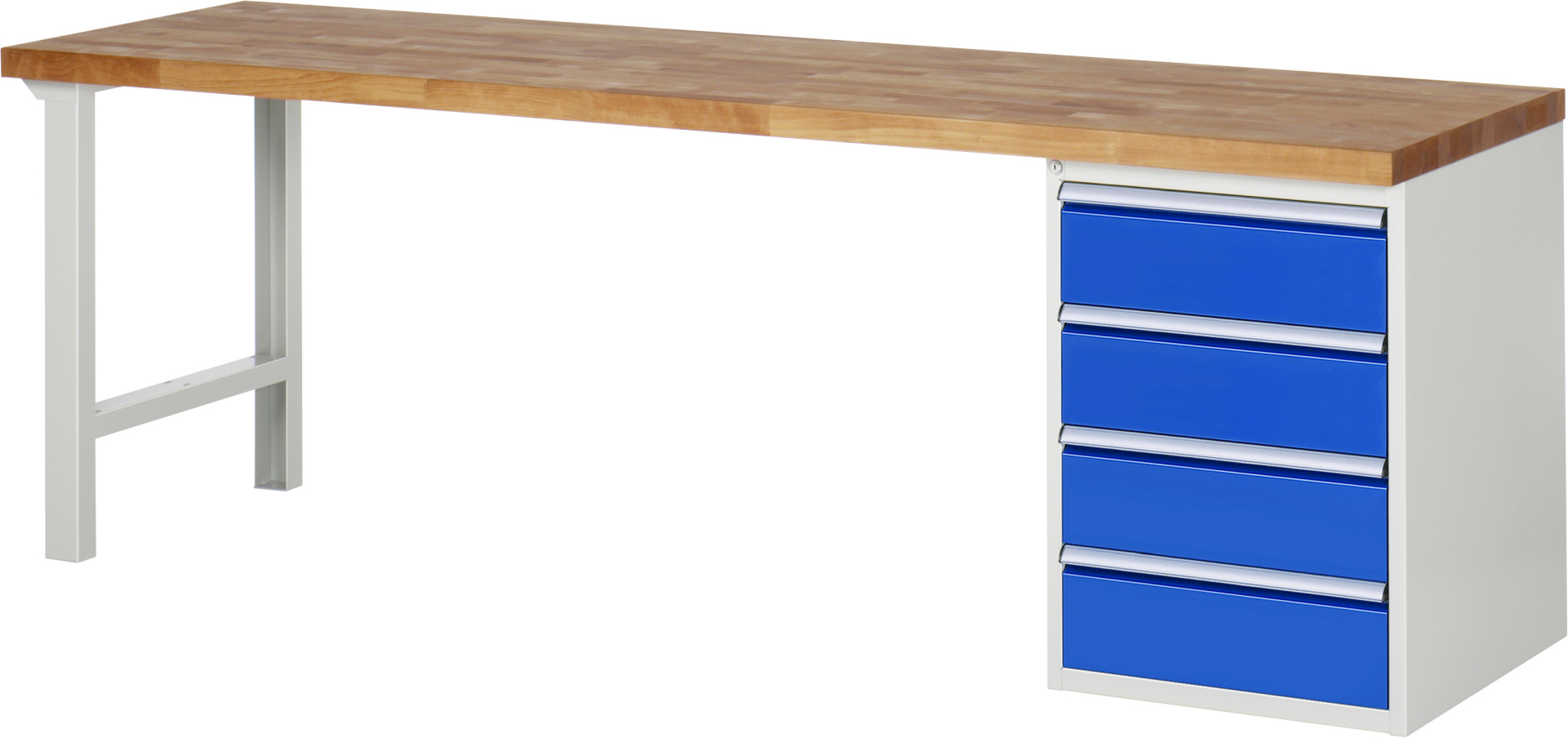 Werkbank Modell 7509,  BxTxH 2500x700x840 mm,  Buche-Massiv Arbeitsplatte 40 mm,  4 Schubladen mit  Vollauszug 100 % und  SoftClosing