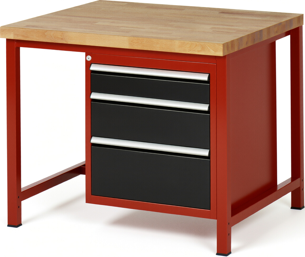 Werkbank Modell 8159 rot - schwarz, BxTxH 1000x900x840 mm,  Buche-Massiv Arbeitsplatte 40 mm,  3 Schubladen mit  Vollauszug 100 % und  SoftClosing