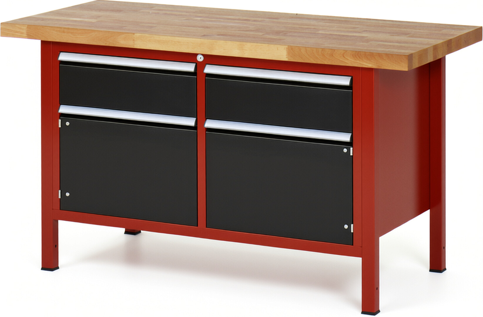 Werkbank Modell 8466 rot - schwarz, BxTxH 1500x700x840-1040 mm,  Buche-Massiv Arbeitsplatte 40 mm,  2 Schubladen mit  Vollauszug 100 % und  SoftClosing