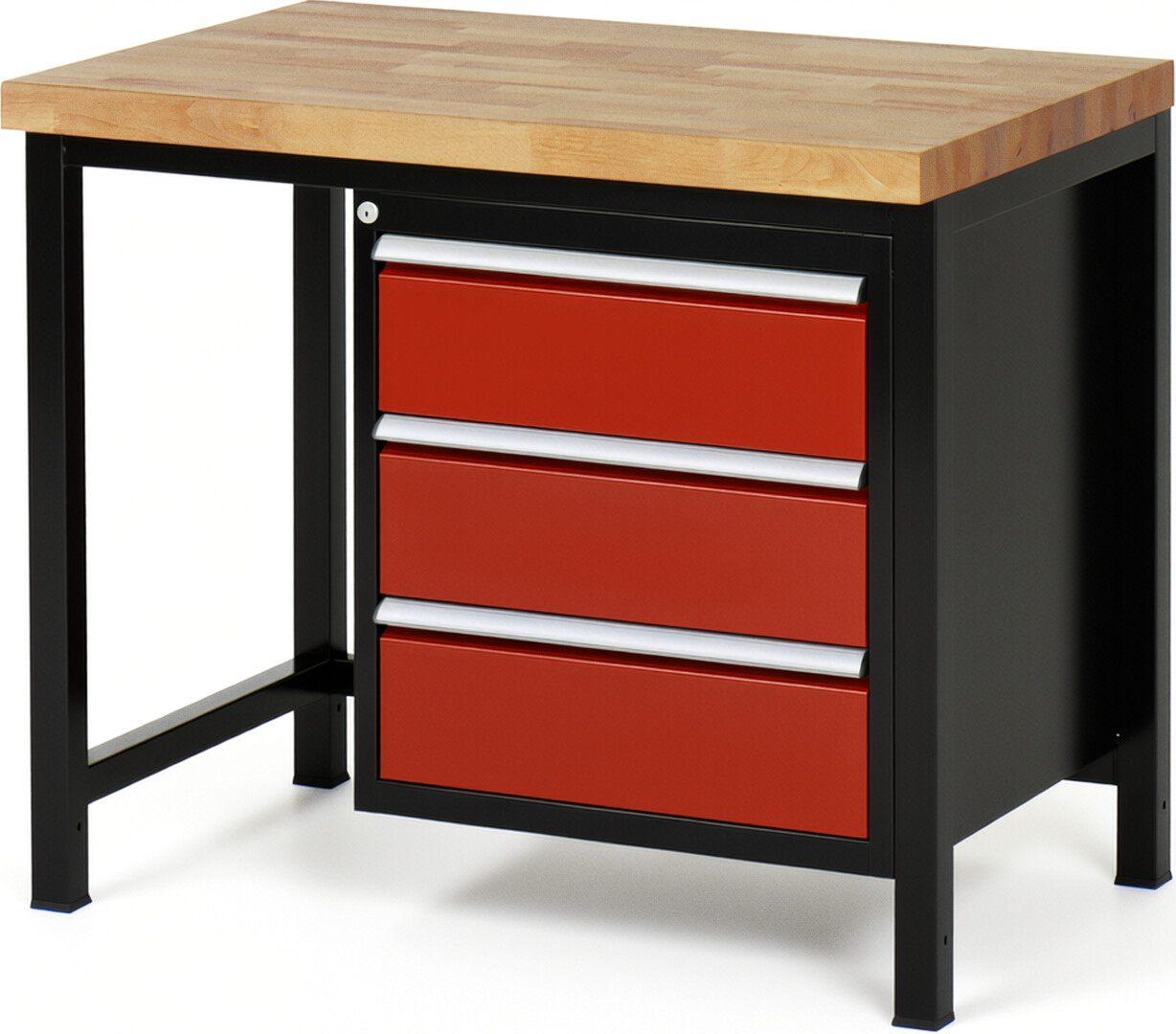 Werkbank Modell 8157 schwarz-rot, BxTxH 1000x700x840-1040 mm,  Buche-Massiv Arbeitsplatte 40 mm,  3 Schubladen mit  Auszug 90 %