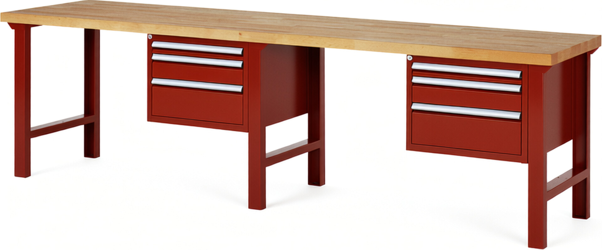 RAU Werkbank rot - Breite 300 cm - Tiefe 70 cm - Höhe 84 cm - Buche-Massiv Arbeitsplatte 40 mm