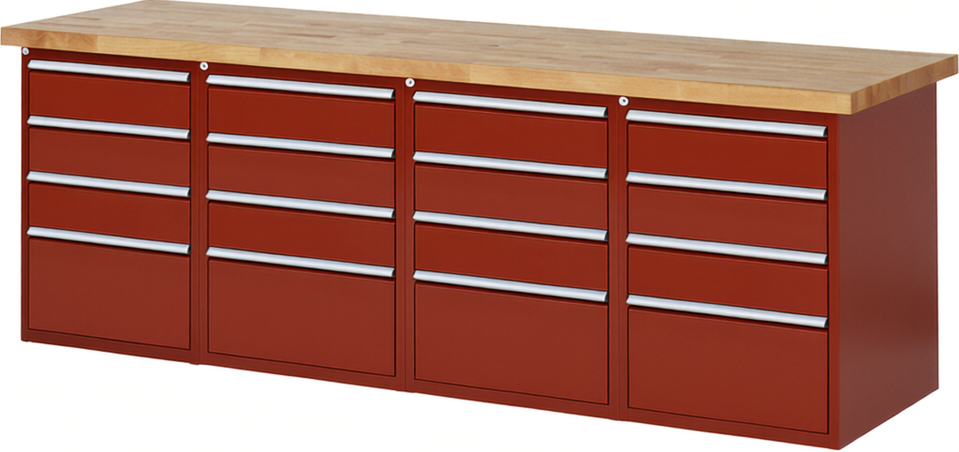 RAU Werkbank rot - Breite 250 cm - Tiefe 90 cm - Höhe 89 cm - Buche-Massiv Arbeitsplatte 40 mm