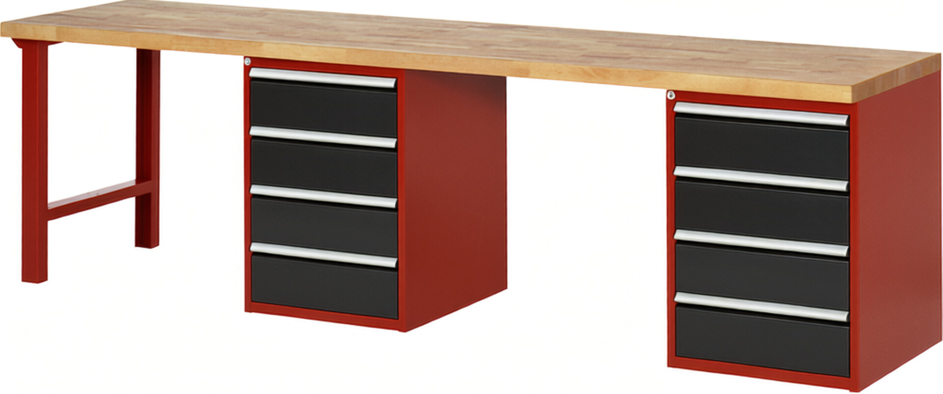 RAU Werkbank rot - schwarz - Breite 300 cm - Tiefe 70 cm - Höhe 89 cm - Buche-Massiv Arbeitsplatte 40 mm