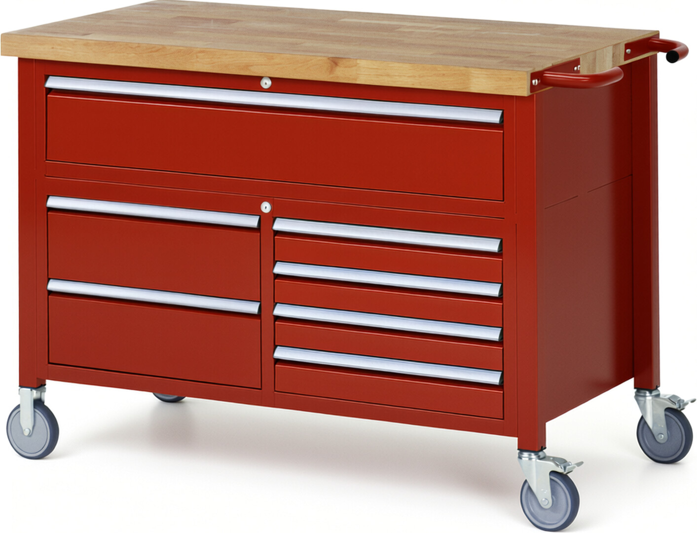 Fahrbare Werkbank Modell 8921 rot, BxTxH 1250x700x920 mm,  Buche-Massiv Arbeitsplatte 40 mm,  7 Schubladen mit  Vollauszug 100 % und  SoftClosing