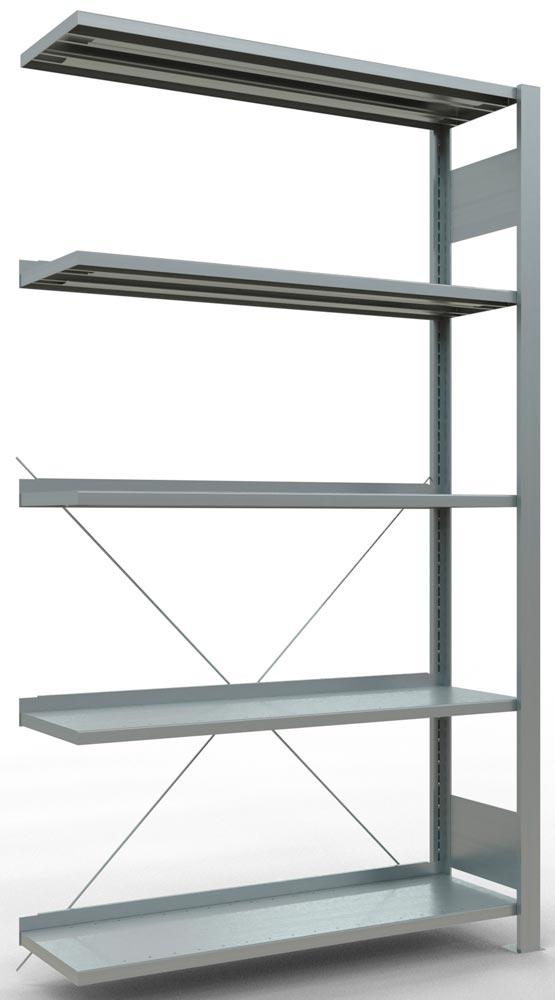 Lagerregal, Steckregal, Anbaufeld, verzinkt, 5 Fachböden, mit Anschlagleiste, Fachlast 85 kg, BxTxH 1000x300x1800 mm