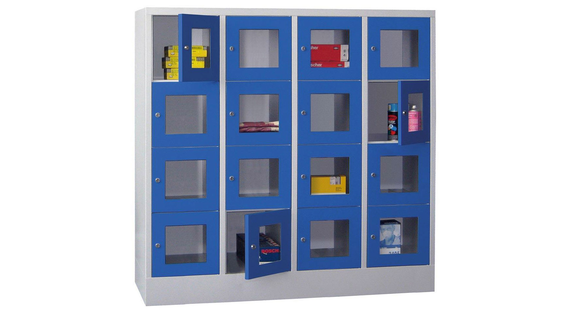 Fächerschränke mit Sichtfenstertüren, Breite 160 cm, Höhe 151,8 cm, Tiefe 50 cm, 4x4 Fächer