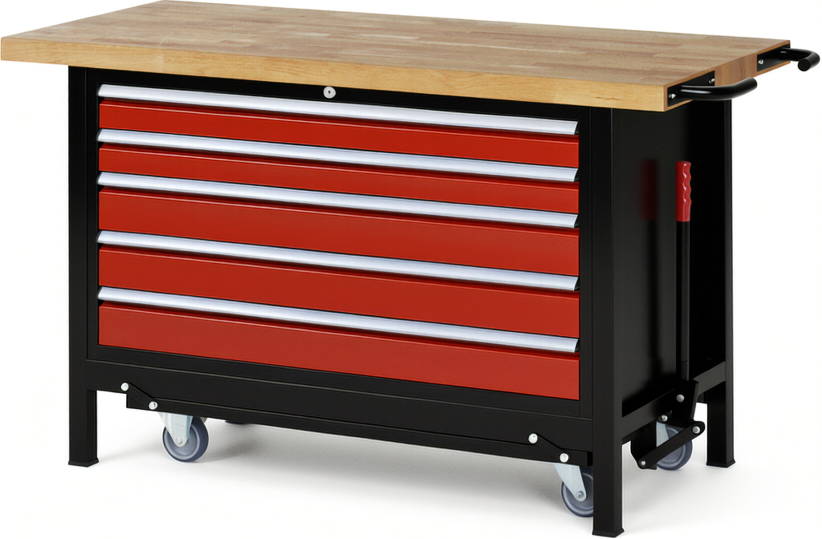 RAU Werkbank schwarz - rot - Breite 150 cm - Tiefe 70 cm - Höhe 88 cm - Buche-Massiv Arbeitsplatte 40 mm