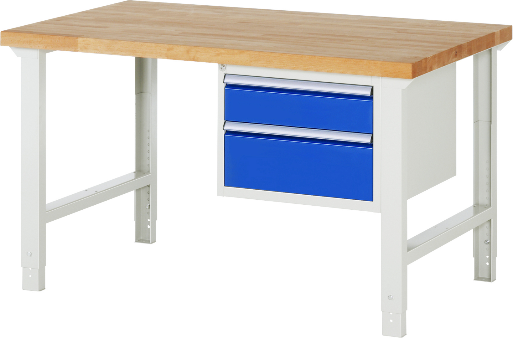 Werkbank Modell 7123 schwarz, BxTxH 1500x900x790-1140 mm,  Buche-Massiv Arbeitsplatte 40 mm,  2 Schubladen mit  Auszug 90 %