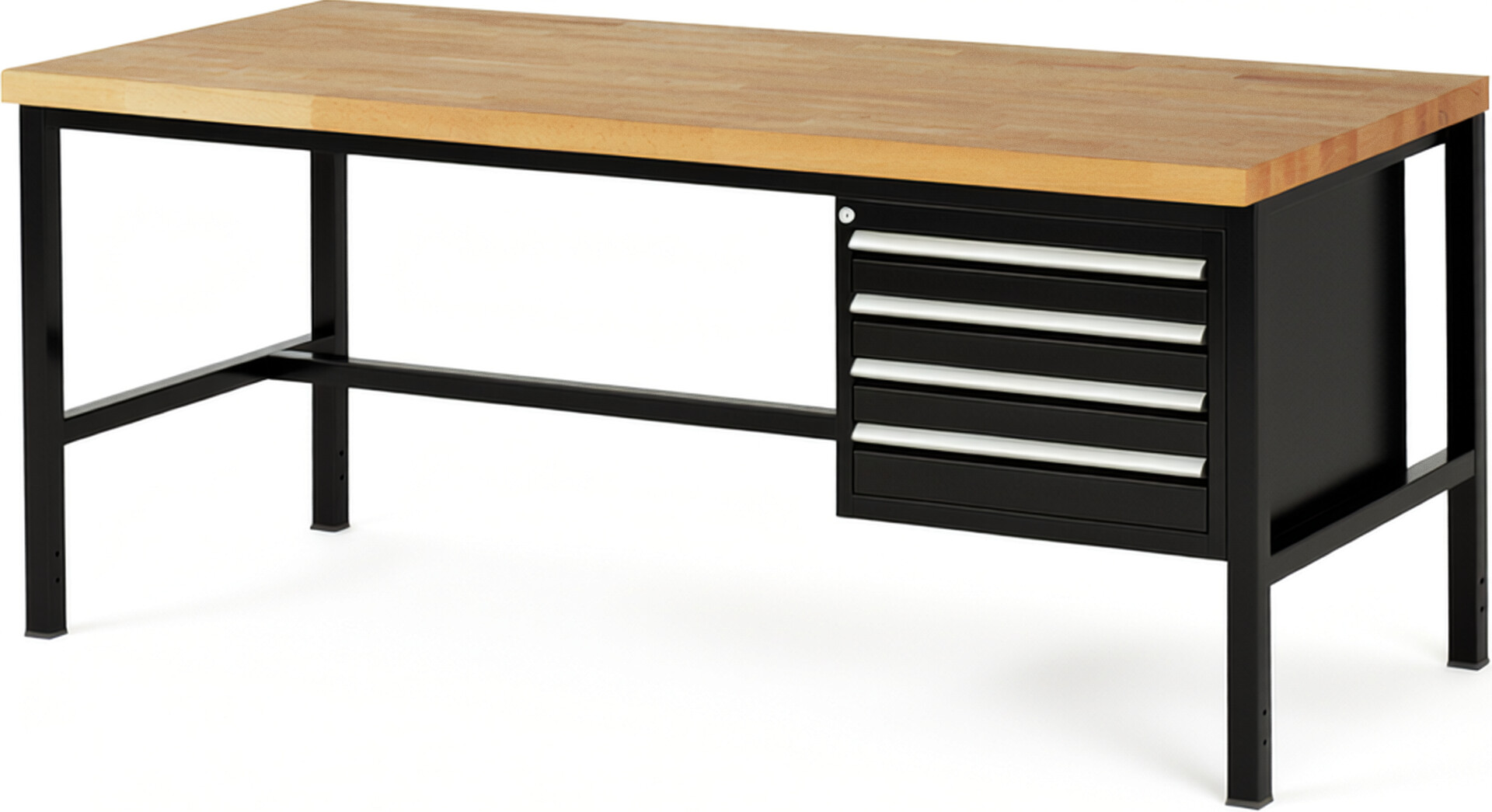 Werkbank Modell 8133 schwarz, BxTxH 2000x900x840-1040 mm,  Buche-Massiv Arbeitsplatte 40 mm,  4 Schubladen mit  Vollauszug 100 % und  SoftClosing