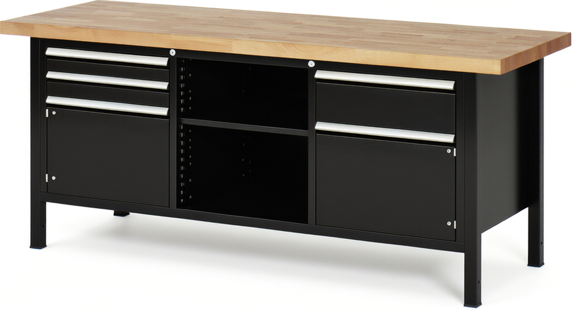 Werkbank Modell 8562 schwarz, BxTxH 2000x700x840 mm,  Buche-Massiv Arbeitsplatte 40 mm,  3 Schubladen mit  Auszug 90 %