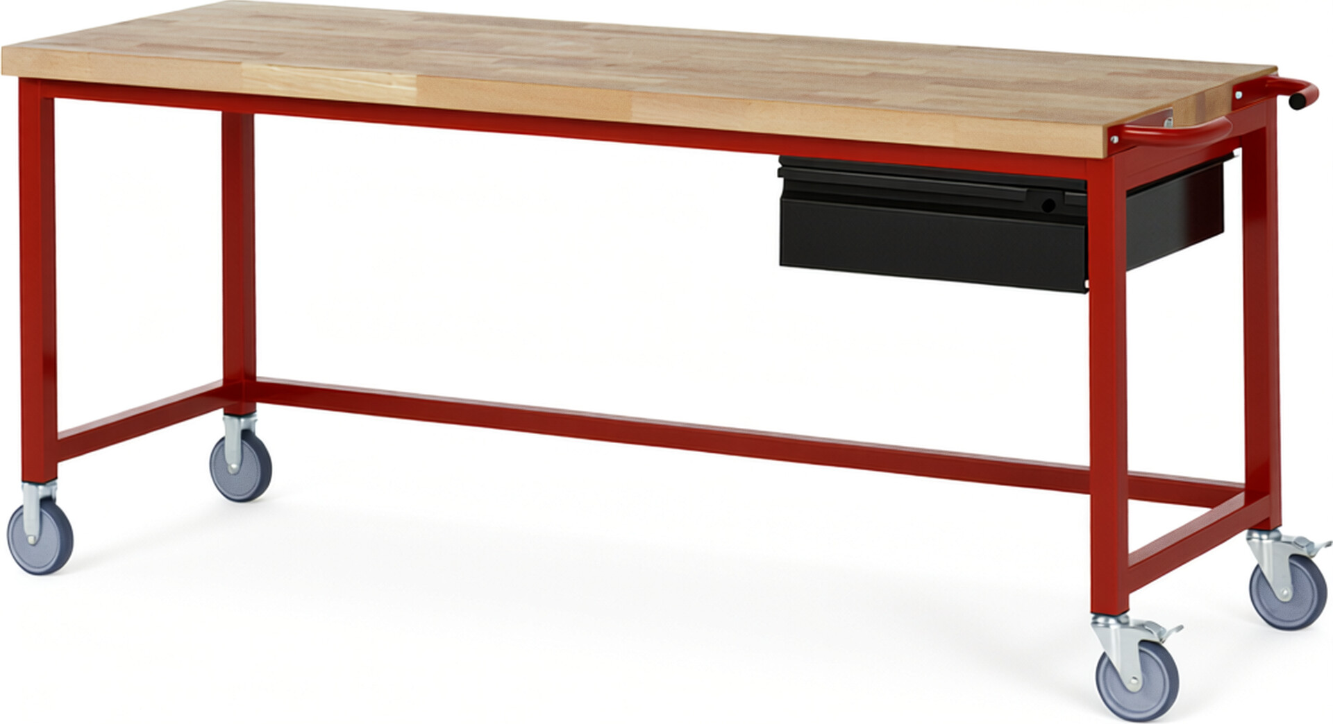 Fahrbare Werkbank - Modell 8001 BASIC rot - schwarz, BxTxH 2000x700x880 mm,  Buche-Massiv Arbeitsplatte 40 mm,  1 Schublade mit  Auszug 90 %