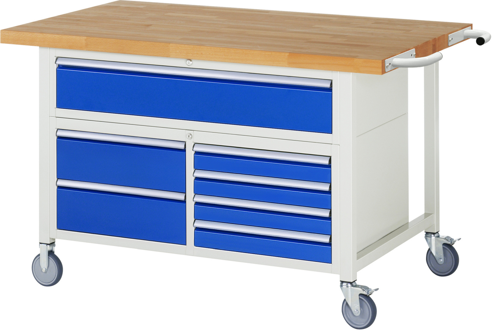 Fahrbare Werkbank Modell 8921,  BxTxH 1500x900x920-1120 mm,  Buche-Massiv Arbeitsplatte 40 mm,  7 Schubladen mit  Auszug 90 %