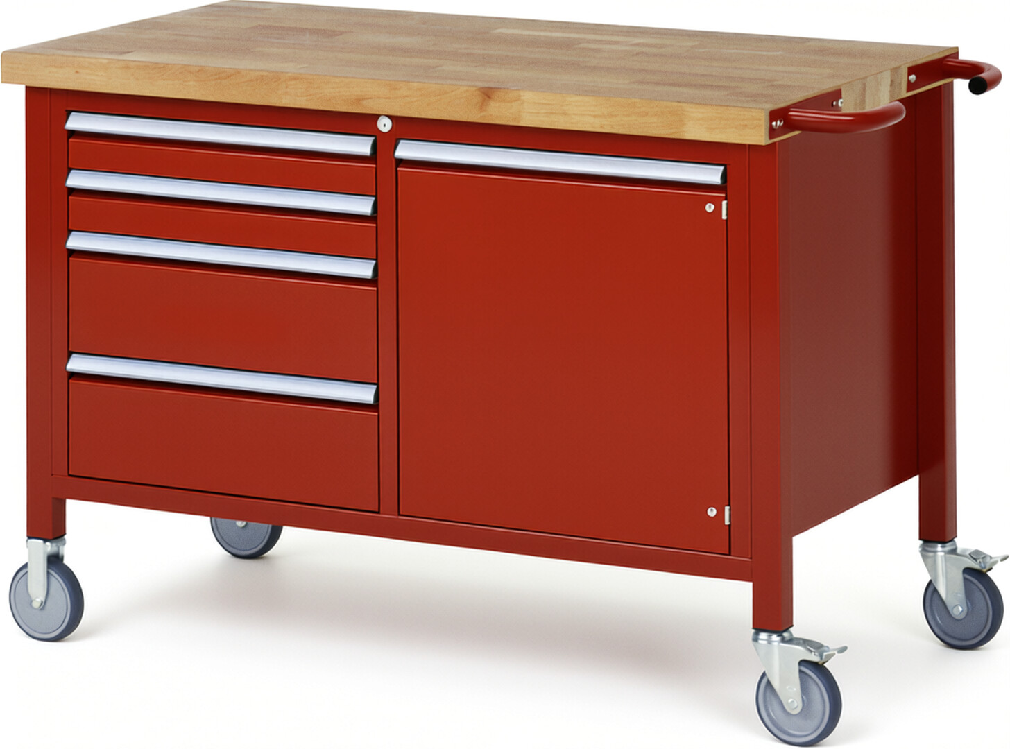 RAU Werkbank rot - Breite 125 cm - Tiefe 70 cm - Höhe 108 cm - Buche-Massiv Arbeitsplatte 40 mm