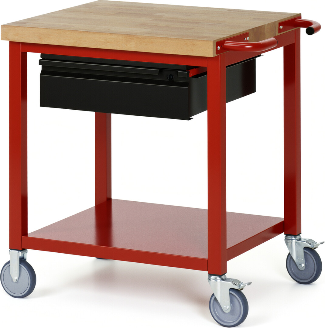 Fahrbare Werkbank - Modell 8001 BASIC rot - schwarz, BxTxH 750x700x880 mm,  Buche-Massiv Arbeitsplatte 40 mm,  1 Schublade mit  Auszug 90 %