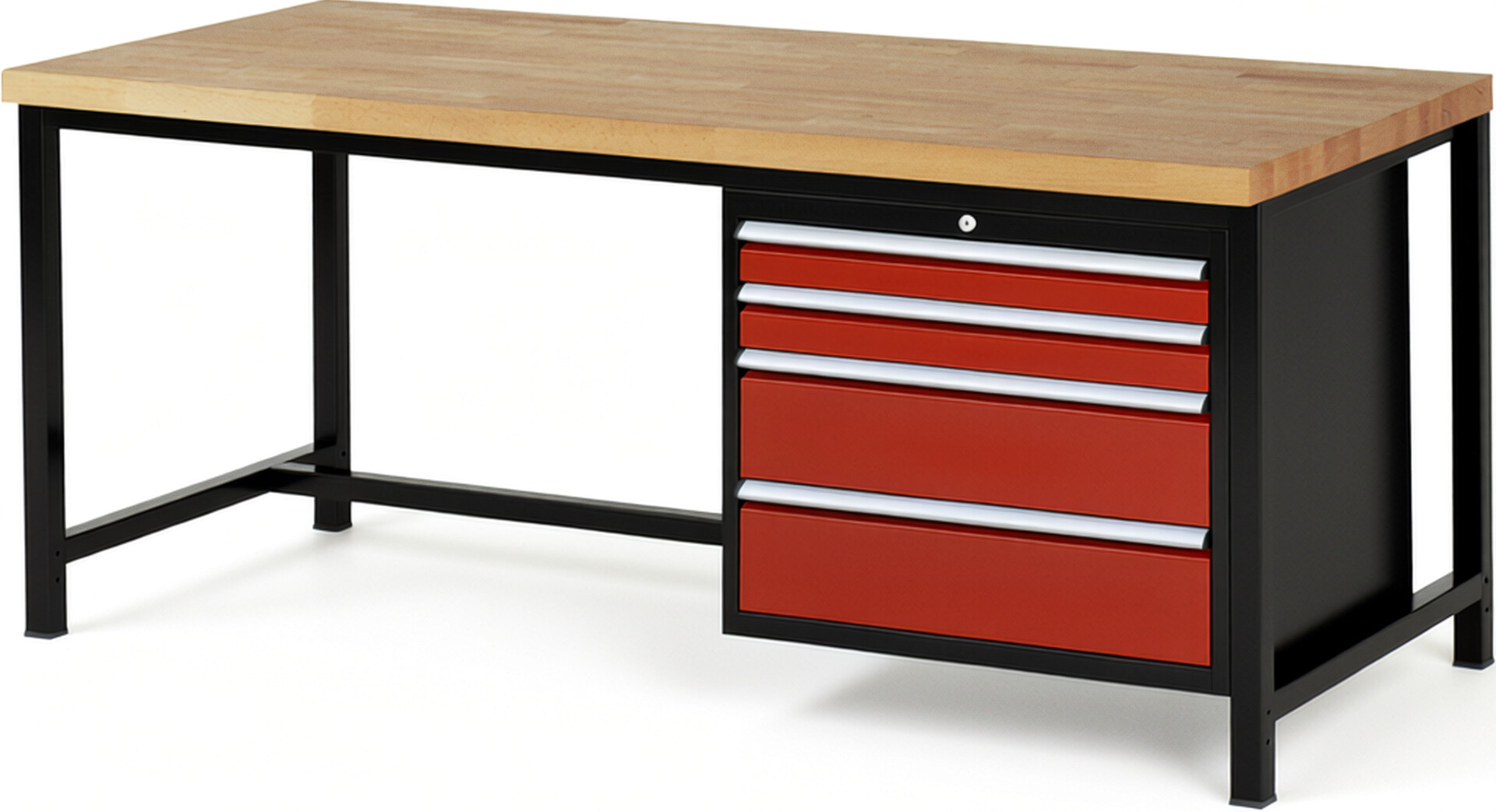 RAU Werkbank schwarz - rot - Breite 200 cm - Tiefe 90 cm - Höhe 104 cm - Buche-Massiv Arbeitsplatte 40 mm