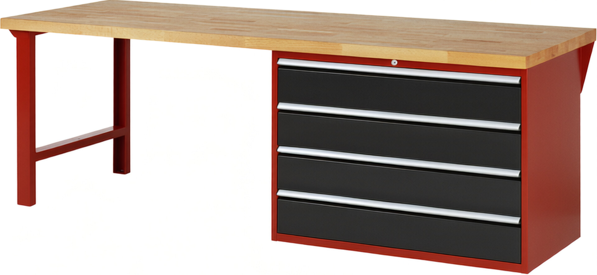 Werkbank Modell 7709 rot - schwarz, BxTxH 2500x900x890 mm,  Buche-Massiv Arbeitsplatte 40 mm,  4 Schubladen mit  Vollauszug 100 % und  SoftClosing