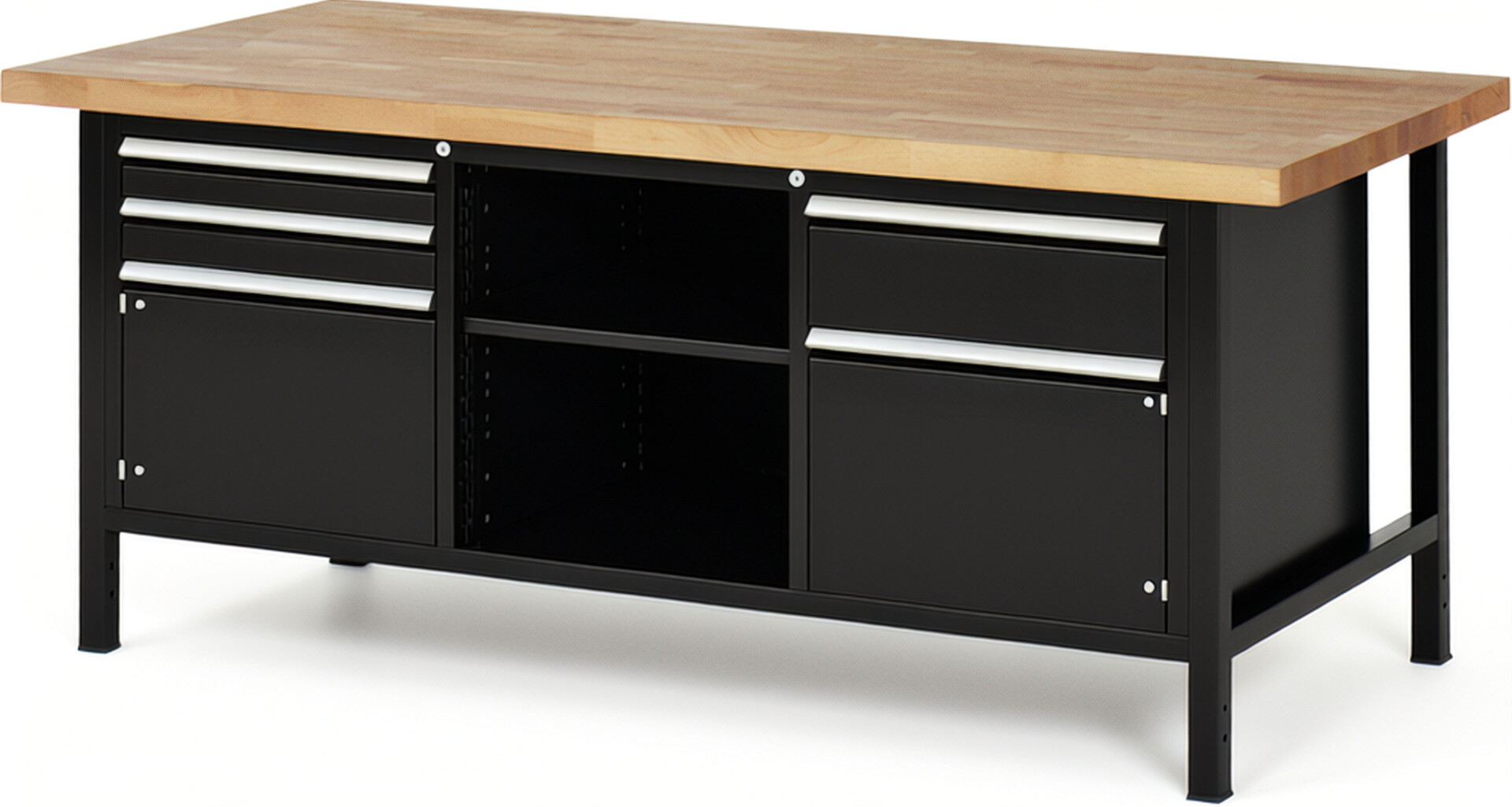 Werkbank Modell 8562 schwarz, BxTxH 2000x900x840-1040 mm,  Buche-Massiv Arbeitsplatte 40 mm,  3 Schubladen mit  Vollauszug 100 % und  SoftClosing