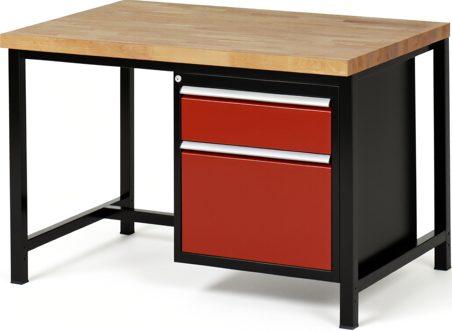 Werkbank Modell 8156 schwarz-rot, BxTxH 1250x900x840-1040 mm,  Buche-Massiv Arbeitsplatte 40 mm,  2 Schubladen mit  Vollauszug 100 % und  SoftClosing